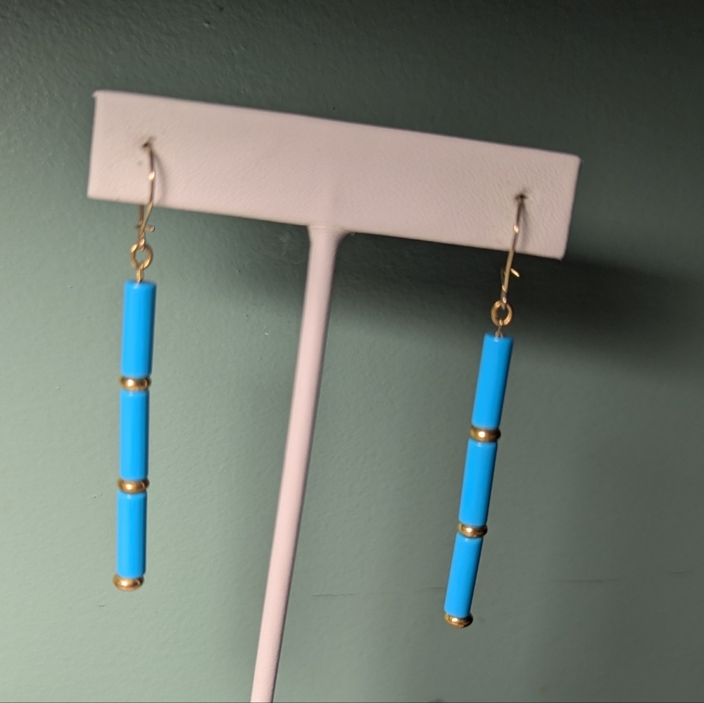Vintage Turquoise style Blue Gold Bead Dangle Earrings Boho Drop